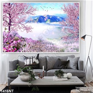 Tranh rừng đào mờ sương