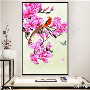 Tranh chim đậu cành hoa