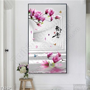 Tranh hoa lan chữ thư pháp in uv