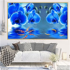 Tranh spa cá koi và hoa lan xanh