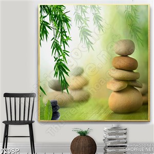 Tranh đẹp in tường cành trúc và đá cuội