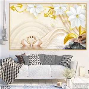 Tranh 3D thiên nga và hoa