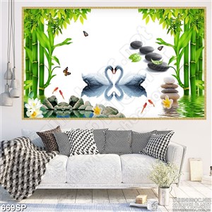 Tranh hoa đẹp thiên nga và hồ nước