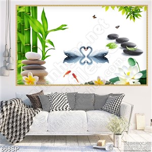 Tranh hoa đẹp thiên nga và sen