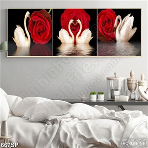 Tranh đẹp hoa hồng đỏ và thiên nga