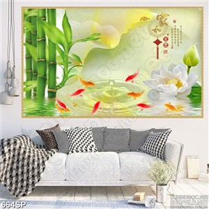 Tranh spa đẹp cá koi và hoa sen