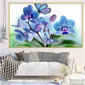 Tranh in wall hoa lan xanh và bướm
