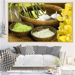 Tranh muối khoáng xanh và hoa lan vàng