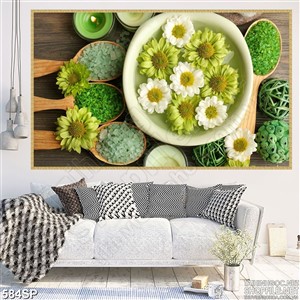 Tranh đẹp spa hoa cúc xanh trên chậu nước