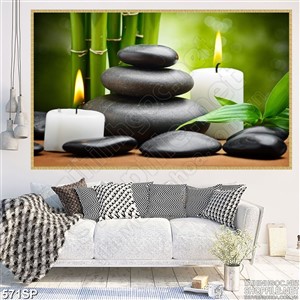 Tranh spa đá cuội đen và nến trắng