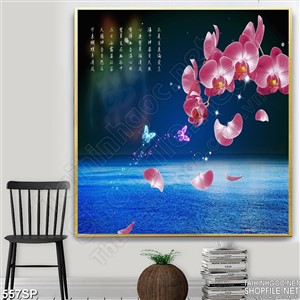 Tranh spa nhành hoa lan và chữ thư pháp