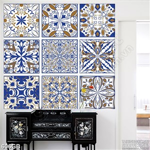 Tranh gạch bông ô vuông in họa tiết xanh