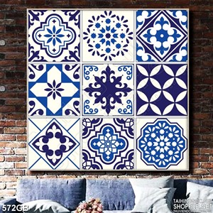 Tranh gạch bông ô vuông in họa tiết xanh