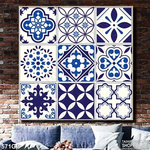 Tranh gạch bông ốp tường ô vuông in màu xanh