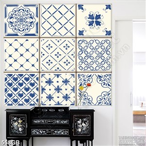 Tranh gạch in nghệ thuật họa tiết hoa màu xanh