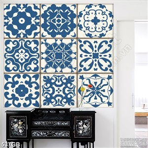 Tranh gạch bông in bếp họa tiết hoa xanh