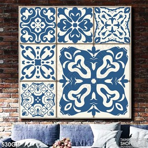 Tranh gạch in kính hoa văn ô vuông xanh