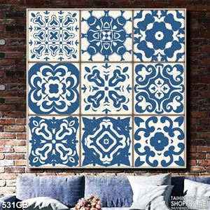Tranh gạch in bếp hoa văn ô vuông xanh