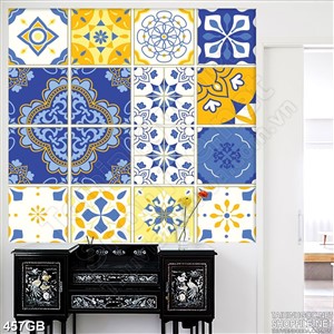 Tranh gạch in kính hoa văn màu vàng xanh