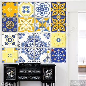 Tranh gạch in 3d hoa văn màu vàng xanh