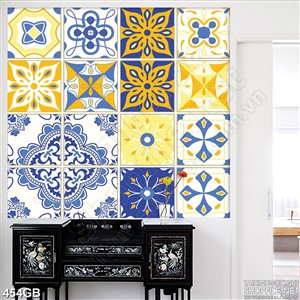 Tranh gạch bông in họa tiết màu vàng xanh