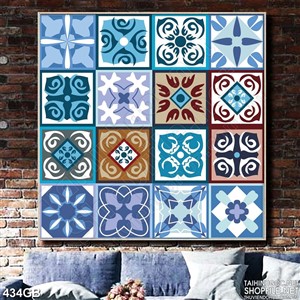 Tranh gạch ô vuông in họa tiết hoa màu xanh