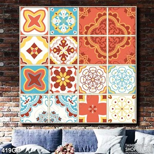 Tranh gạch in hoa văn màu xanh dán tường