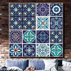 Tranh gạch ốp ô vuông hoa văn xanh đen