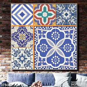 Tranh gạch ốp họa tiết ô vuông xanh hoa đỏ