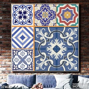 Tranh gạch ốp họa tiết ô vuông xanh