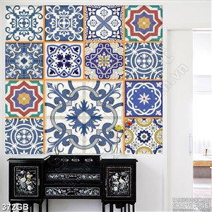 Tranh gạch họa tiết ô vuông  xanh in 3d