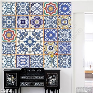 Tranh gạch in  họa tiết hoa xanh ghép hình