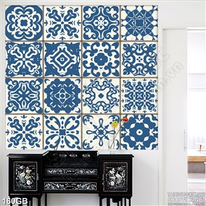 Tranh gạch ốp tường in hoa văn xanh