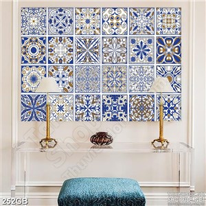 Tranh gạch bông in họa tiết màu xanh