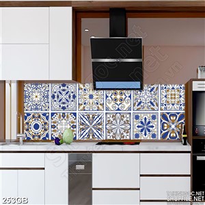 Tranh gạch ốp tường in họa tiết màu xanh