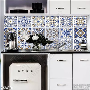 Tranh gạch bông in chi tiết xanh dán tường