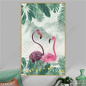 Tranh đôi cò màu hồng bên núi vẽ trên tường quán cà phê