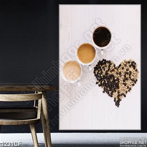 Tranh những tách cà phê bên chiếc bánh hình trái tim