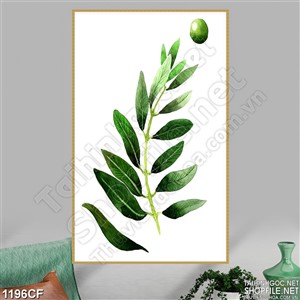 Tranh ngọn lá xanh vẽ trang trí bức tường trắng quán cà phê