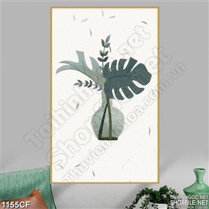 Tranh chiếc bình cắm đầy lá vẽ trên tường quán cà phê