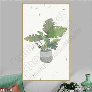 Tranh chậu cây lá xanh vẽ trang trí tường quán cà phê