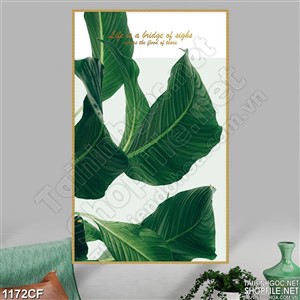 Tranh ngọn lá xanh mướt vẽ trên tường quán cà phê