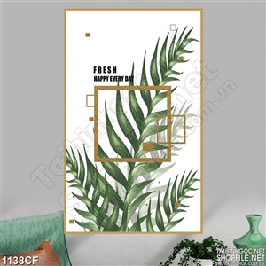Tranh những ô vuông trên tường vẽ chiếc lá xanh quán cà phê
