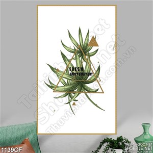 Tranh những hình tam giác trên tường vẽ lá xanh quán cà phê