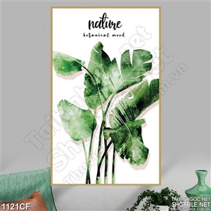 Tranh những tàu lá xanh vẽ tên tường căn phòng quán cà phê