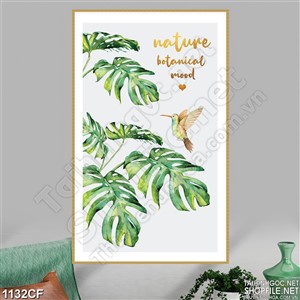 Tranh chú chim bay trên ngọn lá xanh quán cà phê