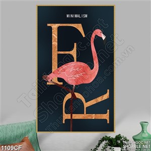 Tranh chú cò màu hồng trên tường đen quán cà phê in uv