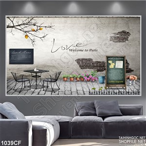 Tranh góc nhỏ quán cà phê với bộ bàn ghế đen nhỏ xinh