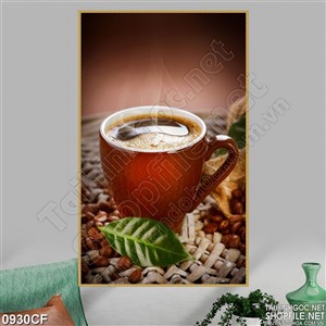 Tranh ly cà phê sữa nóng trên tấm lót vải thùng đan Tranh ly cà phê sữa nóng trên tấm lót vải thùng đan