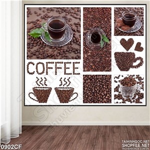 Tranh ghép các bức hình cà phê trên tường